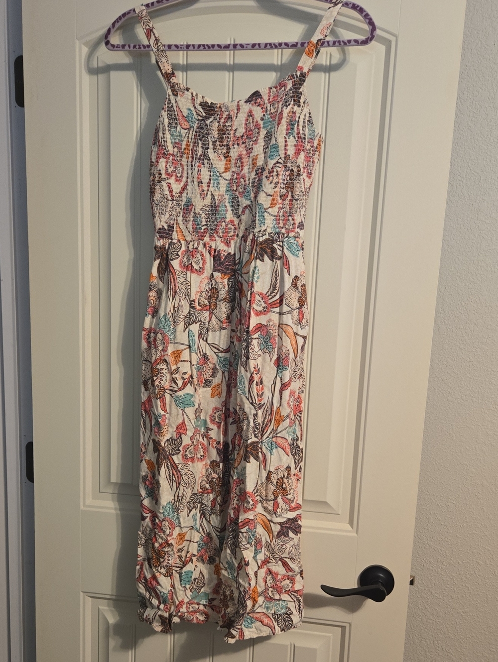 Old Navy White Floral Midi Dress with Teal, Orange and Purple Accents